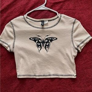 H&M Cream Black Graphic Butterfly Crop T-Shirt